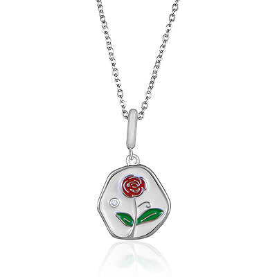 Vibrant Red Rose With Green Leaves Centered Enamel 925 Sterling Solid Silver Necklace - R5800120-1
