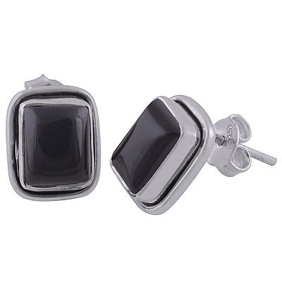 Plain Wire Around Black Onyx Rectangle Shape 925 Sterling Solid Silver Stud Earrings - R6100021-11