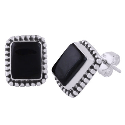 Classic Rawa Work Around Black Onyx Rectangle Shape 925 Sterling Solid Silver Studs Earrings - R6100022-32