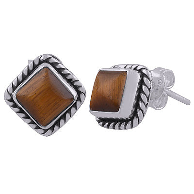 925 Sterling Silver Tiger's Eye Stud Earrings - R6100026-8