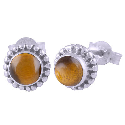 Stunning Rawa Work Around Tiger's Eye Round Shape 925 Sterling Solid Silver Studs Earrings - R6100029-11