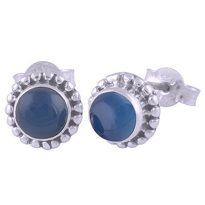 Stunning Rawa Work Around Blue Chalcedony Round Shape 925 Sterling Solid Silver Studs Earrings - R6100029-9
