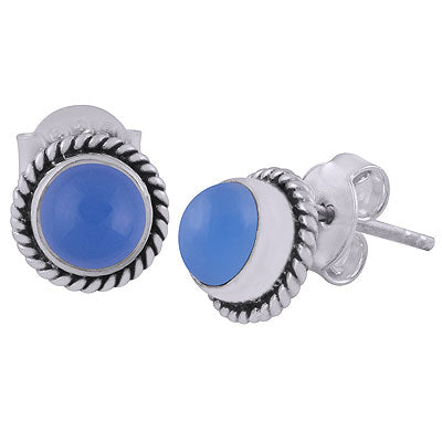 Stunning Wire Work Around Blue Chalcedony Round Shape 925 Sterling Solid Silver Stud Earrings - R6100047-235