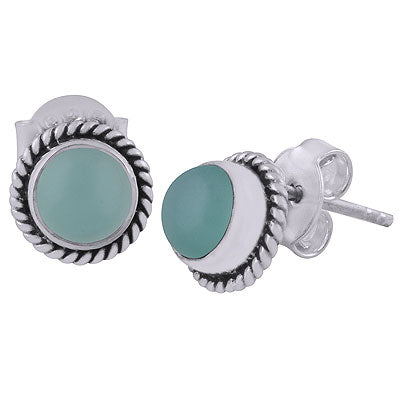 Stunning Wire Work Around Aqua Chalcedony Round Shape 925 Sterling Solid Silver Stud Earrings - R6100047-236