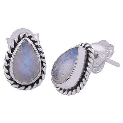Gorgeous Textured Wire Around Rainbow Moonstone Pear Shape 925 Sterling Solid Silver Stud Earrings - R6100049-14