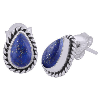 Gorgeous Textured Wire Around Lapis Pear Shape 925 Sterling Solid Silver Stud Earrings - R6100049-20