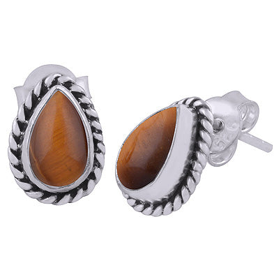 Gorgeous Textured Wire Around Tiger's Eye Pear Shape 925 Sterling Solid Silver Stud Earrings - R6100049-24
