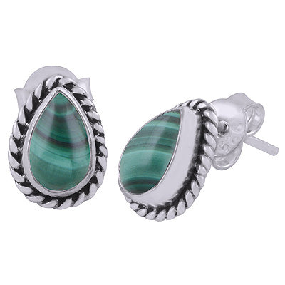 Gorgeous Textured Wire Around Malachite Pear Shape 925 Sterling Solid Silver Stud Earrings - R6100049-26