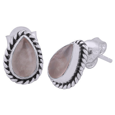 Gorgeous Textured Wire Around Rose Quartz Pear Shape 925 Sterling Solid Silver Stud Earrings - R6100049-29