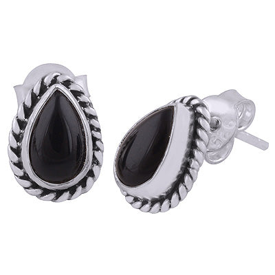 Gorgeous Textured Wire Around Black Onyx Pear Shape 925 Sterling Solid Silver Stud Earrings - R6100049-32