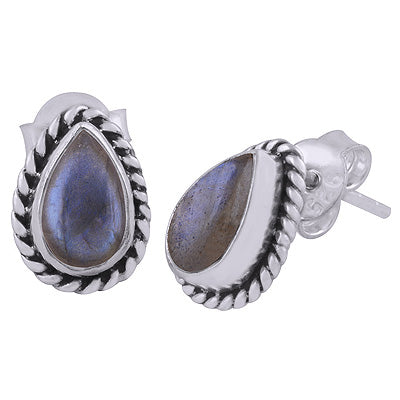 Gorgeous Textured Wire Around Labradorite Pear Shape 925 Sterling Solid Silver Stud Earrings - R6100049-37