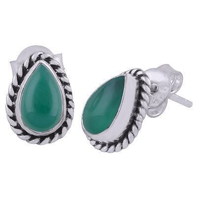 Gorgeous Textured Wire Around Green Onyx Pear Shape 925 Sterling Solid Silver Stud Earrings - R6100049-41