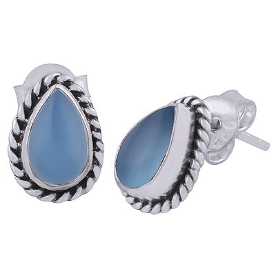 Gorgeous Textured Wire Around Blue Chalcedony Pear Shape 925 Sterling Solid Silver Stud Earrings - R6100049-42