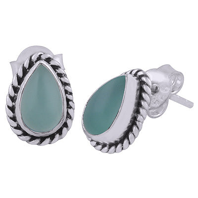 Gorgeous Textured Wire Around Aqua Chalcedony Pear Shape 925 Sterling Solid Silver Stud Earrings - R6100049-43