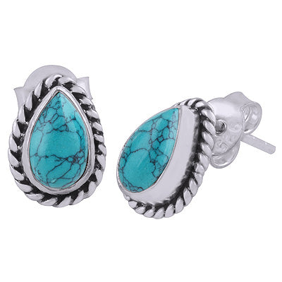 Gorgeous Textured Wire Around Turquoise Pear Shape 925 Sterling Solid Silver Stud Earrings - R6100049-9