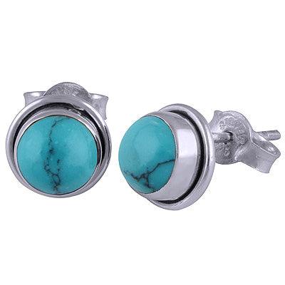 Gorgeous Simple Turquoise Round Shape 925 Sterling Solid Silver Studs Earrings - R6100052-26