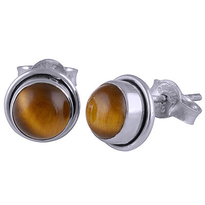 Gorgeous Simple Tiger's Eye Round Shape 925 Sterling Solid Silver Studs Earrings - R6100052-88