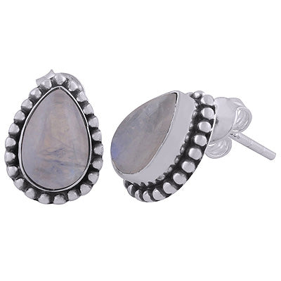 Beautiful Rawa Work Around Rainbow Moonstone Pear Shape 925 Sterling Solid Silver Stud Earrings - R6100059-40