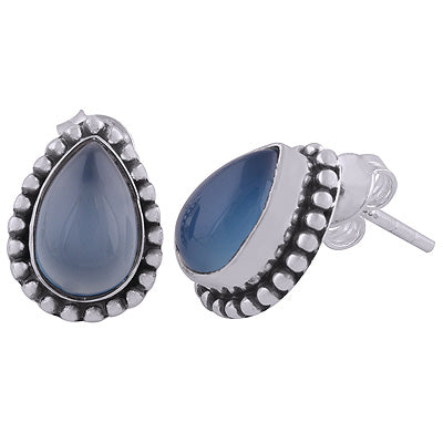 Beautiful Rawa Work Around Blue Chalcedony Pear Shape 925 Sterling Solid Silver Stud Earrings - R6100059-45