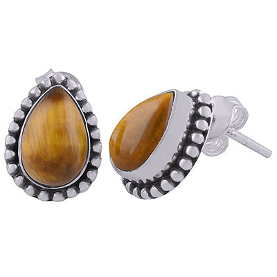 Beautiful Rawa Work Around Tiger's Eye Pear Shape 925 Sterling Solid Silver Stud Earrings - R6100059-47