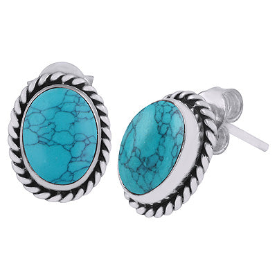 Authentic Wire Work Around Turquoise Oval Shape 925 Sterling Solid Silver Stud Earrings - R6100068-13