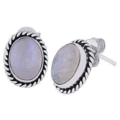 Authentic Wire Work Around Rainbow Moonstone Oval Shape 925 Sterling Solid Silver Stud Earrings - R6100068-20