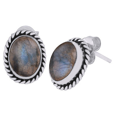 Authentic Wire Work Around Labradorite Oval Shape 925 Sterling Solid Silver Stud Earrings - R6100068-25