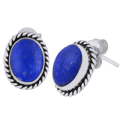 Authentic Wire Work Around Lapis Oval Shape 925 Sterling Solid Silver Stud Earrings - R6100068-27