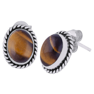 Authentic Wire Work Around Tiger's Eye Oval Shape 925 Sterling Solid Silver Stud Earrings - R6100068-30