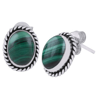 Authentic Wire Work Around Malachite Oval Shape 925 Sterling Solid Silver Stud Earrings - R6100068-32