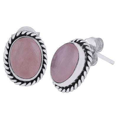 Authentic Wire Work Around Rose Quartz Oval Shape 925 Sterling Solid Silver Stud Earrings - R6100068-37