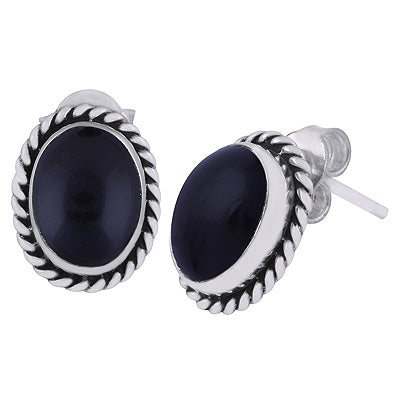 Authentic Wire Work Around Black Onyx Oval Shape 925 Sterling Solid Silver Stud Earrings - R6100068-39