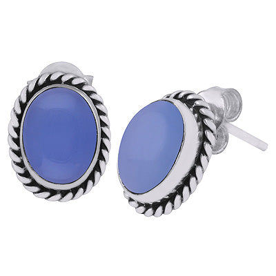 Authentic Wire Work Around Blue Chalcedony Oval Shape 925 Sterling Solid Silver Stud Earrings - R6100068-41
