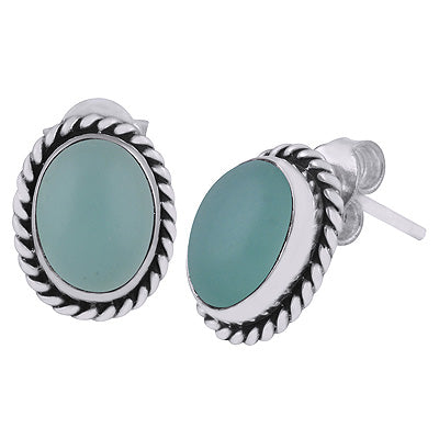 Authentic Wire Work Around Aqua Chalcedony Oval Shape 925 Sterling Solid Silver Stud Earrings - R6100068-42