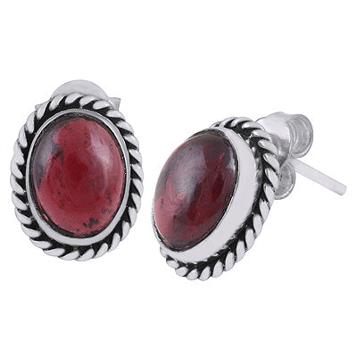 Authentic Wire Work Around Garnet Oval Shape 925 Sterling Solid Silver Stud Earrings - R6100068-7