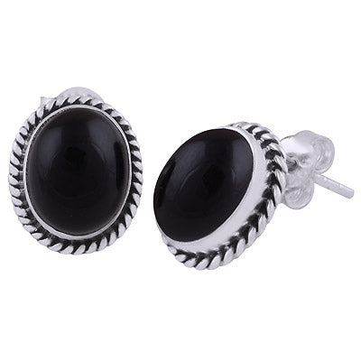 Authentic Wire Work Around Black Onyx Oval Shape 925 Sterling Solid Silver Studs Earrings - R6100068-80