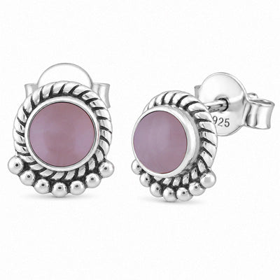 Stunning Twisted Wire And Rawa Work Rose Quartz Round Shape 925 Sterling Solid Silver Stud Earrings - R6100086-122