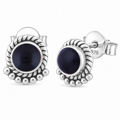 Stunning Twisted Wire And Rawa Work Black Onyx Round Shape 925 Sterling Solid Silver Stud Earrings - R6100086-125