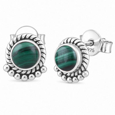 Stunning Twisted Wire And Rawa Work Malachite Round Shape 925 Sterling Solid Silver Stud Earrings - R6100086-161