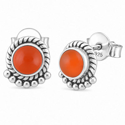 Stunning Twisted Wire And Rawa Work Carnelian Round Shape 925 Sterling Solid Silver Stud Earrings - R6100086-200