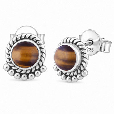 Stunning Twisted Wire And Rawa Work Tiger's Eye Round Shape 925 Sterling Solid Silver Stud Earrings - R6100086-202