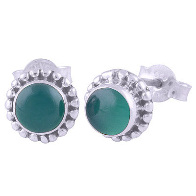Gorgeous Rawa Work Around Green Onyx Round Shape 925 Sterling Solid Silver Stud Earrings - R6100090-178