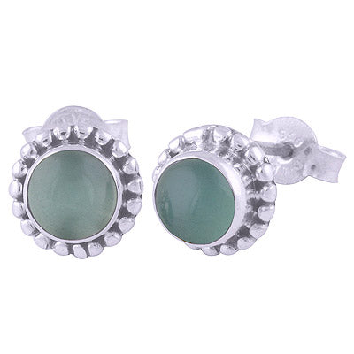 Gorgeous Rawa Work Around Aqua Chalcedony Round Shape 925 Sterling Solid Silver Stud Earrings - R6100090-207