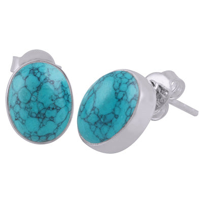 Beautiful Gemstone Seated Turquoise Oval Shape 925 Sterling Solid Silver Studs Earrings - R6100093-51