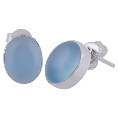 Beautiful Gemstone Seated Blue Chalcedony Oval Shape 925 Sterling Solid Silver Studs Earrings - R6100093-69