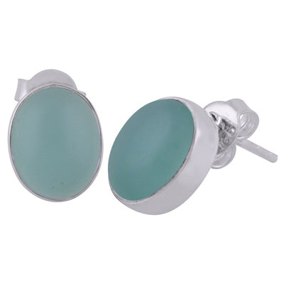 Beautiful Gemstone Seated Aqua Chalcedony Oval Shape 925 Sterling Solid Silver Studs Earrings - R6100093-70