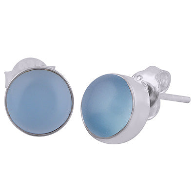 Stunning Plain Blue Chalcedony Round Shape 925 Sterling Solid Silver Stud Earrings - R6100095-186