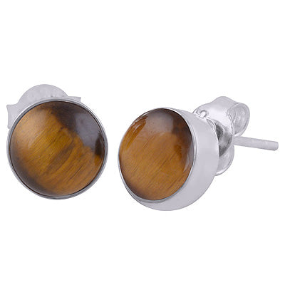Stunning Plain Tiger's Eye Round Shape 925 Sterling Solid Silver Stud Earrings - R6100095-75