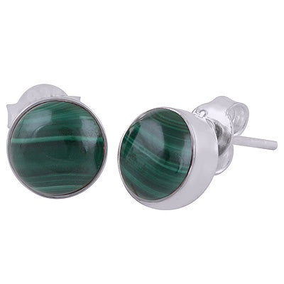 Stunning Plain Malachite Round Shape 925 Sterling Solid Silver Stud Earrings - R6100095-76