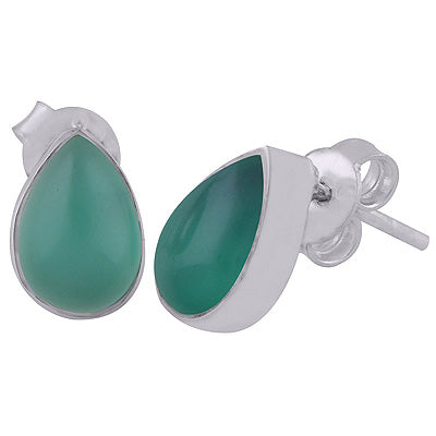 Plain Collet Natural Green Onyx Pear Shape 925 Sterling Solid Silver Stud Earrings - R6100096-53